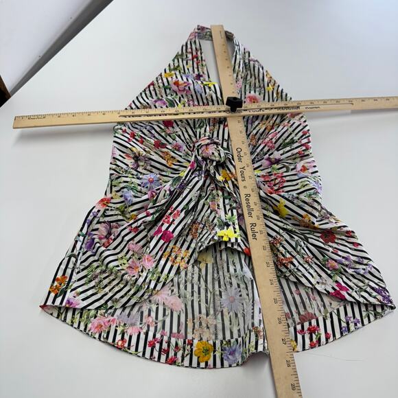 Zara‎ Top Womens X Small Black White Stripe Floral Halter Knotted Open Back - Picture 7 of 8